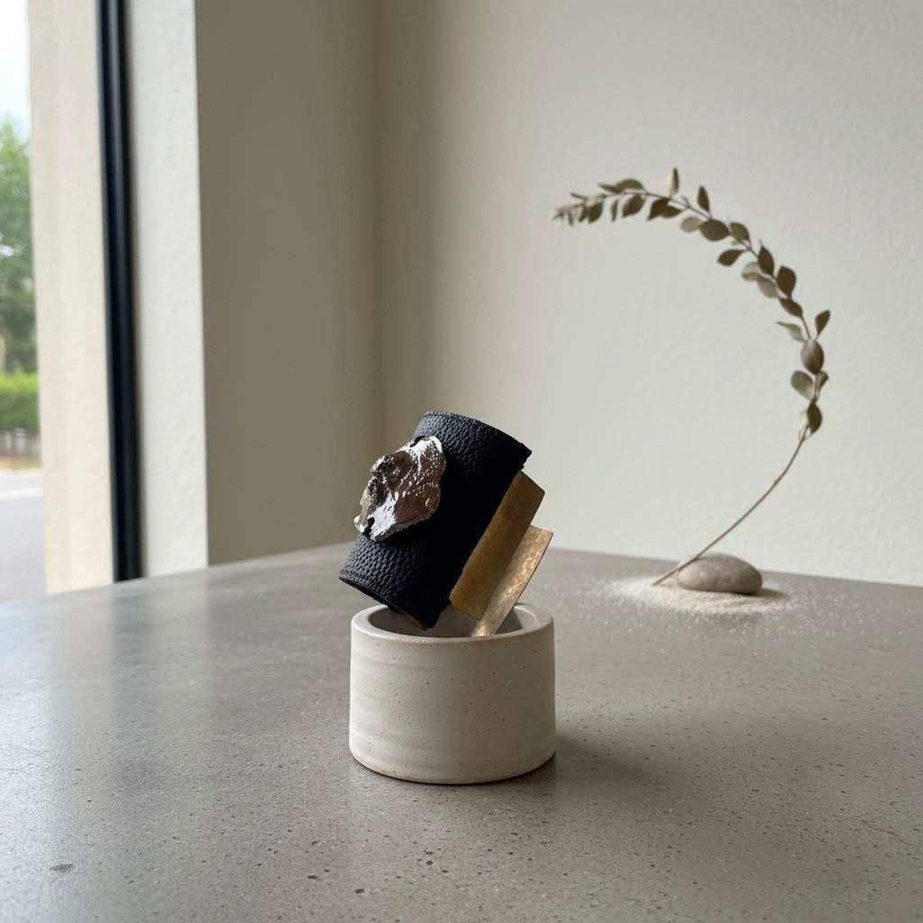 bracciale in pelle nera, ottone e ceramica algas-phaniac