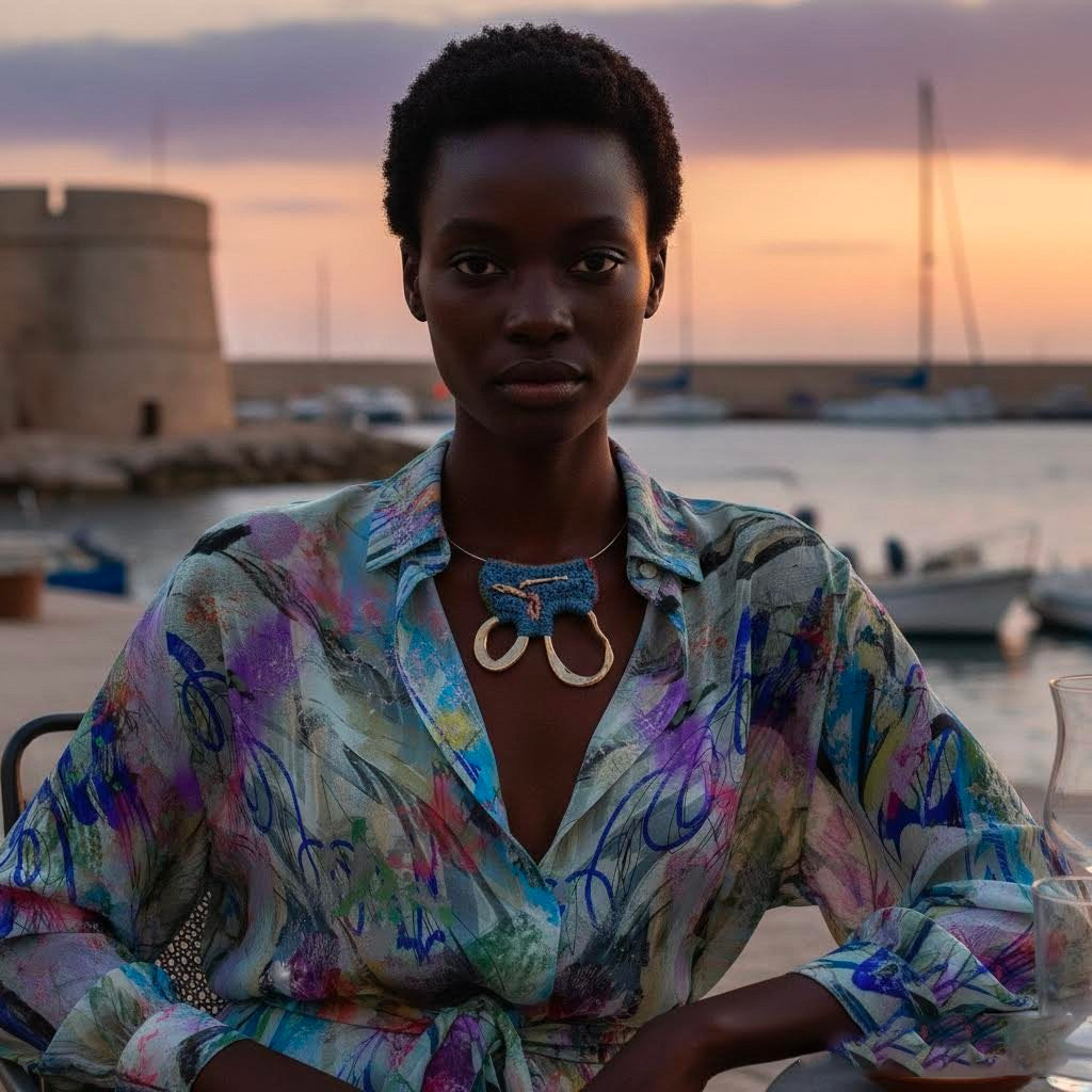 Oria necklace- collier artigianale crochet di cotone, ceramica e ottone -phaniac
