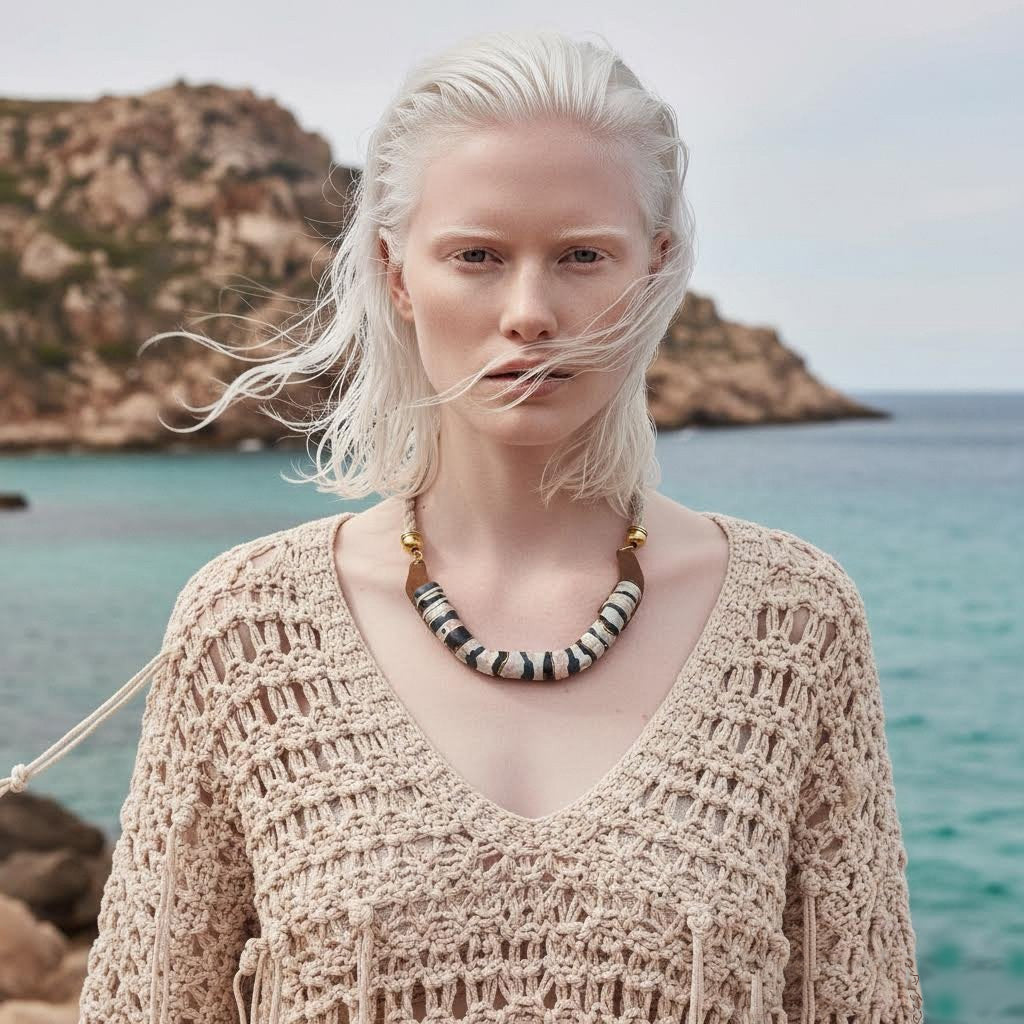 collier artigianale n ceramica , ottone  e corda Accoddi- phaniac