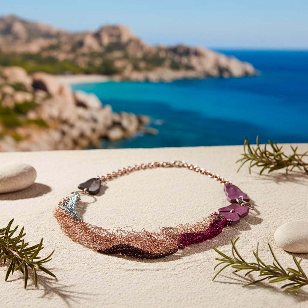 collana artigianale crochet rame e viscosa Filus Libeccio-phaniac