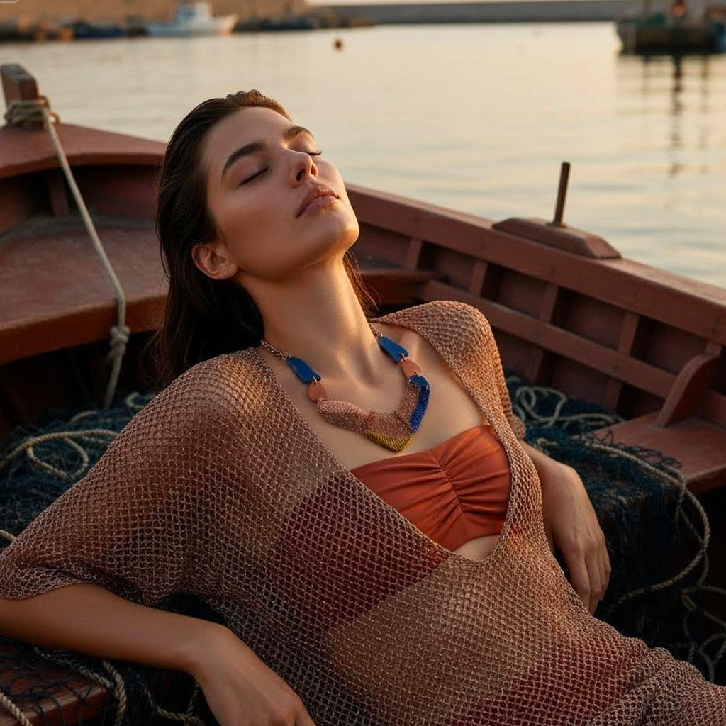 collana filus Grecale artigianale in crochet rame e viscosa- phaniac