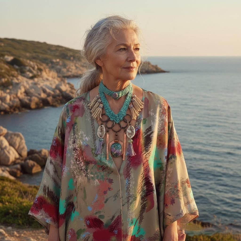 collana boho la.goon in crochet, rame e ceramica -phaniac