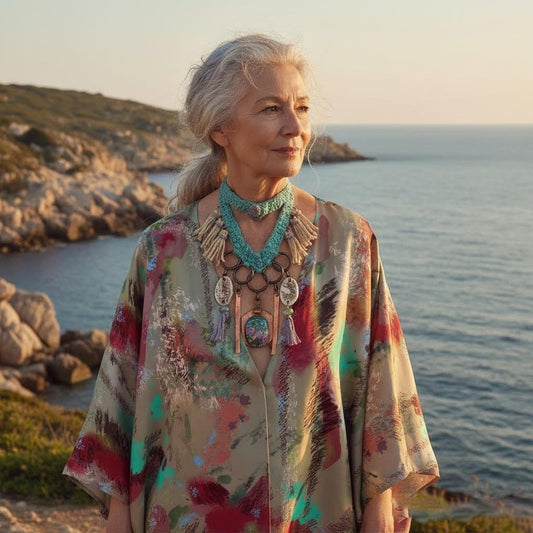 collana boho la.goon in crochet, rame e ceramica -phaniac