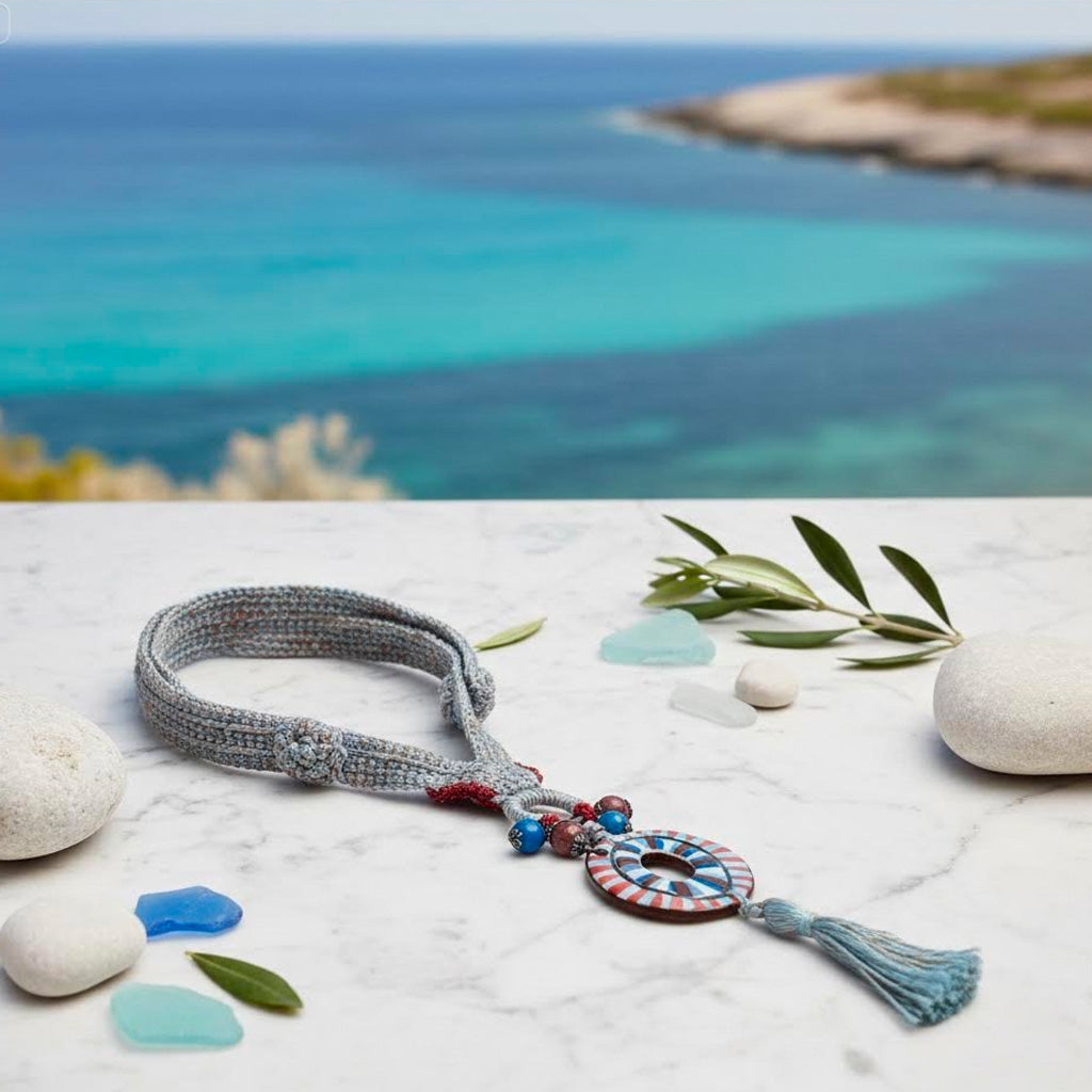 collana boho artigianale in crochet e ceramica -phaniac