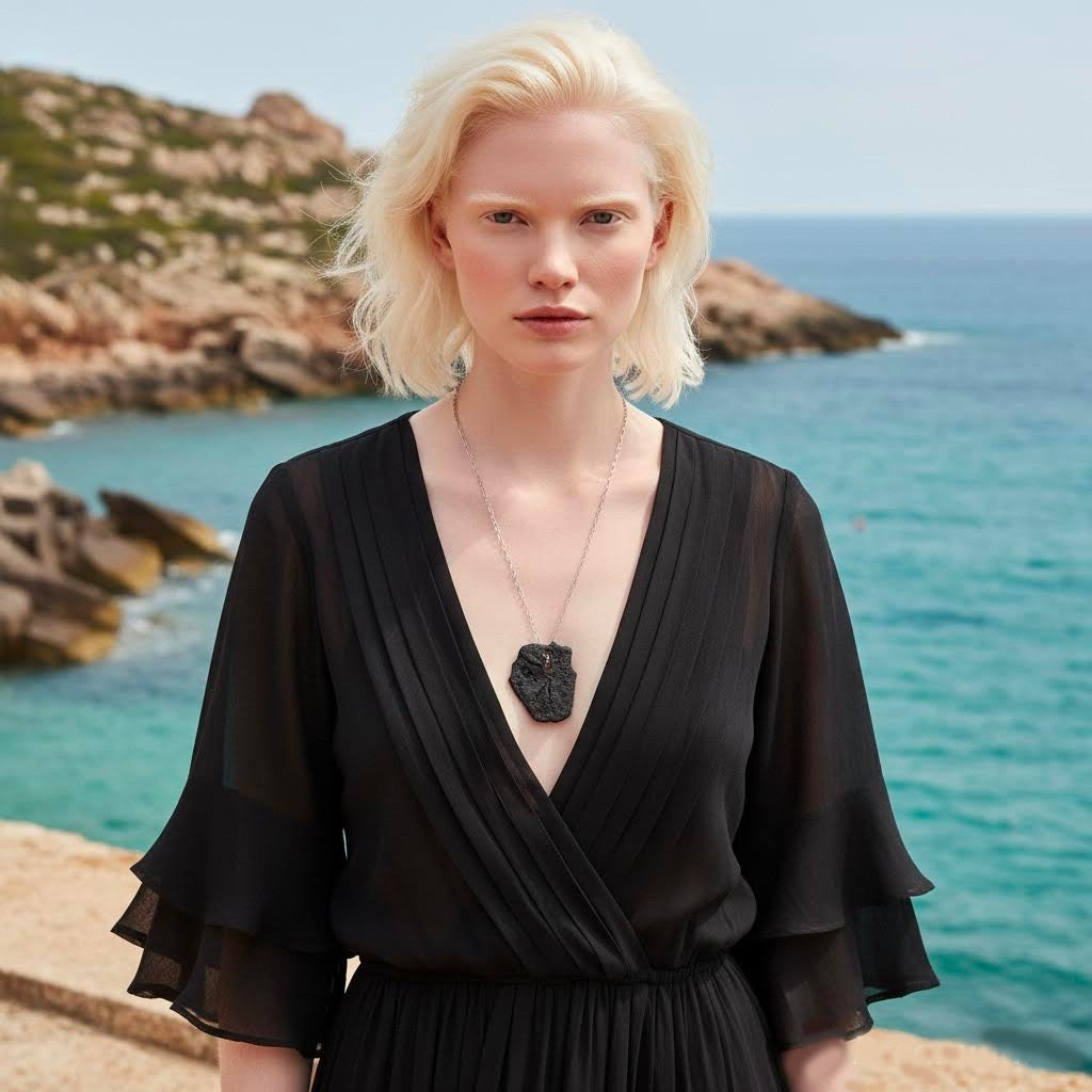 collana artigianale perda niedda con ciondolo in gres nero e catena argento 925 -phaniac