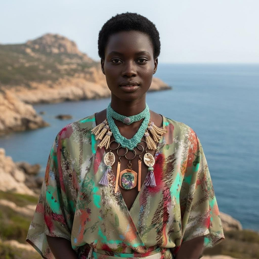 collana boho la.goon in crochet, rame e ceramica -phaniac