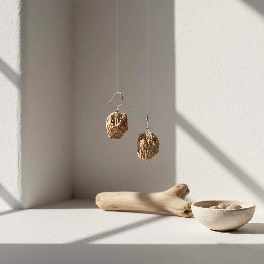 orecchini small scultura gres ecru e argento 925 -Neptune