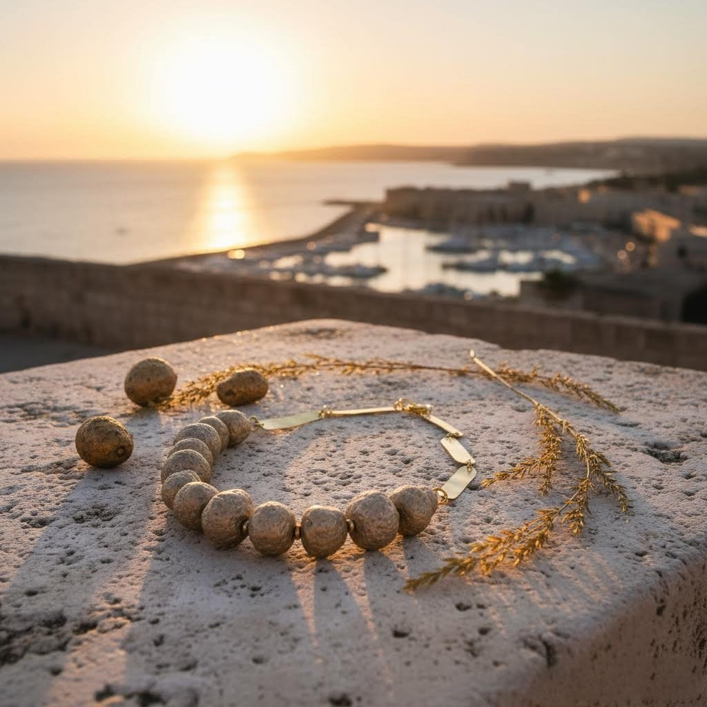 collana artigianale pa*per  color oro con perle in carta riciclata e ottone-phaniac