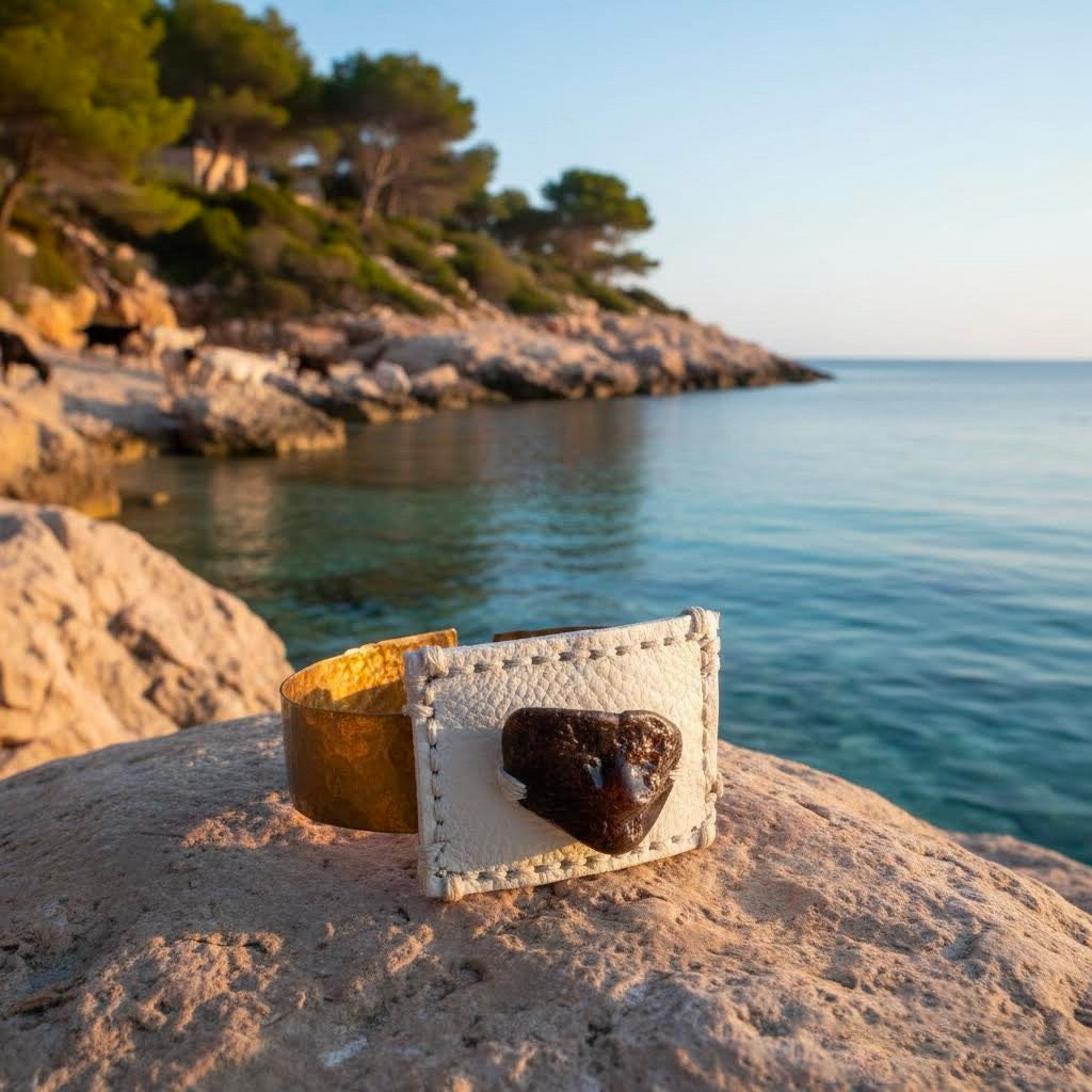 bracciale piccolo in pelle , ceramica e ottone algas-phaniac