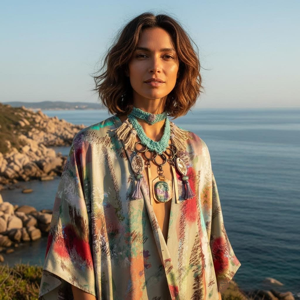collana boho la.goon in crochet, rame e ceramica -phaniac