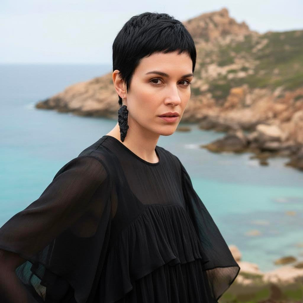 orecchini irregolari lunghi artigianali in gres nero e argento 925