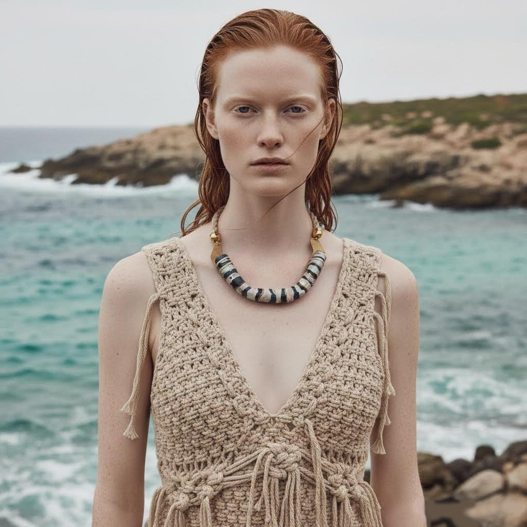 collier artigianale n ceramica , ottone  e corda Accoddi- phaniac