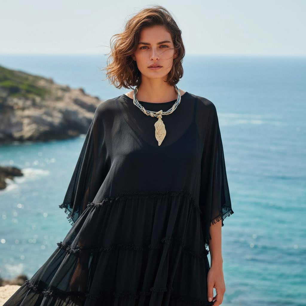 collier neptune unico in gres e corda con ciondolo scultura in gres