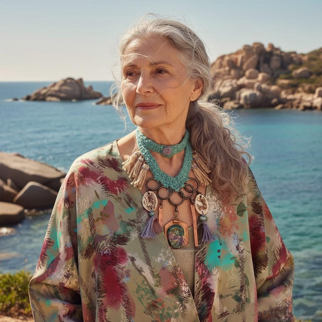 collana boho la.goon in crochet, rame e ceramica -phaniac
