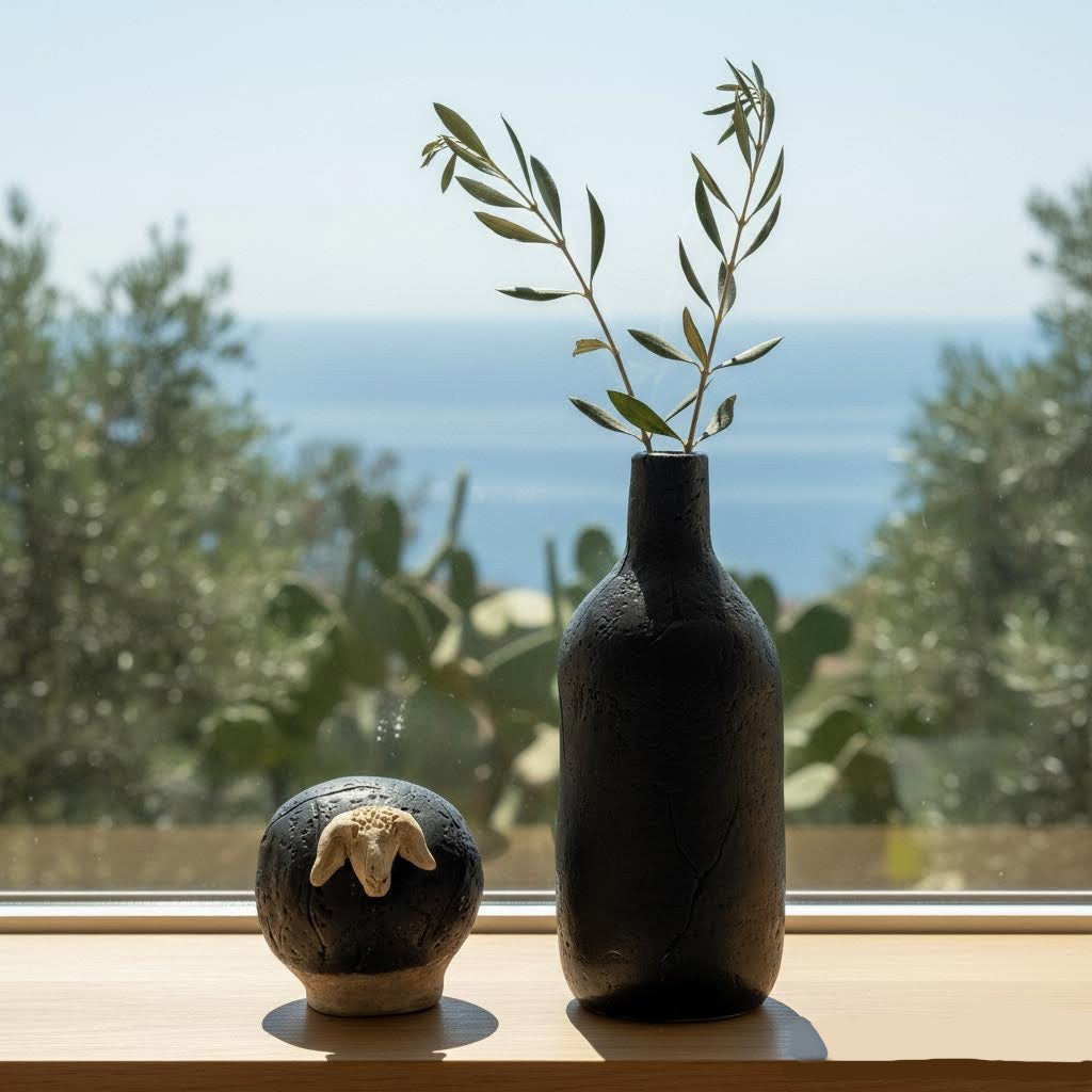 Vaso bottiglia partigianale erda niedda in gres nero -phaniac