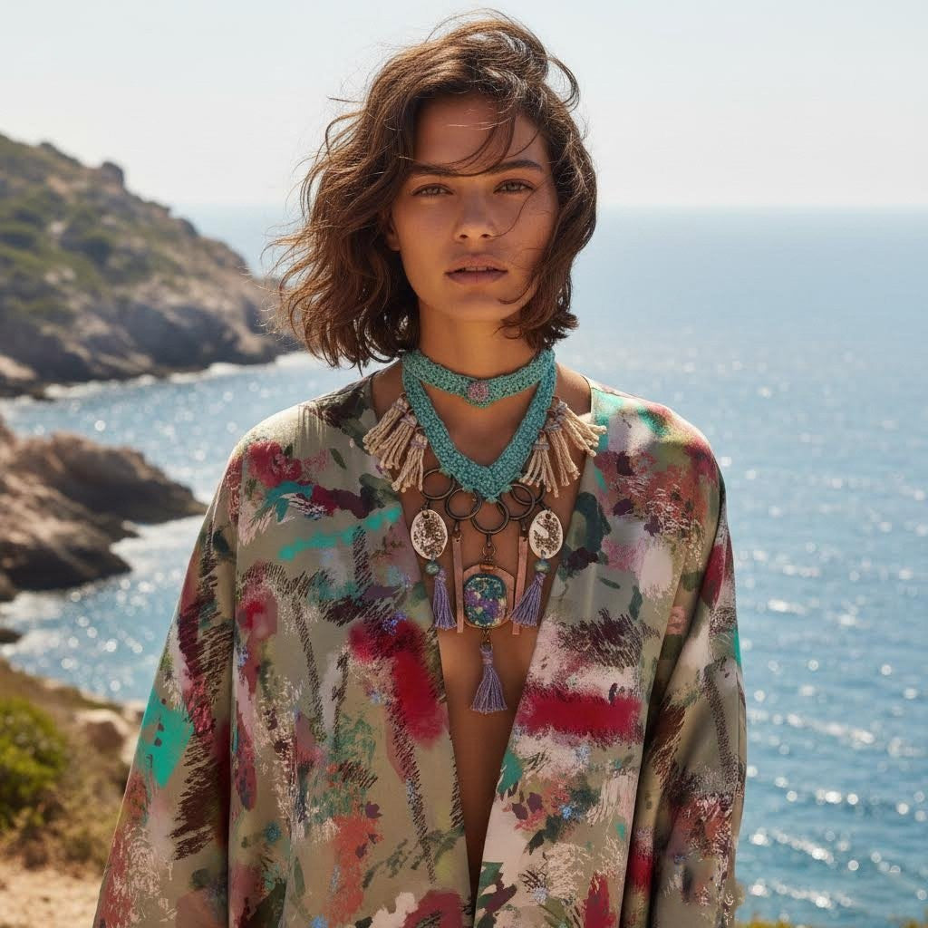 collana boho la.goon in crochet, rame e ceramica -phaniac