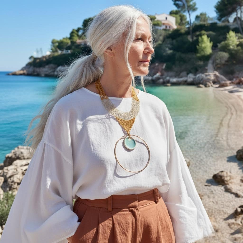 collana artigianale Nora crochet, ceramica e metallo dorato-phaniac
