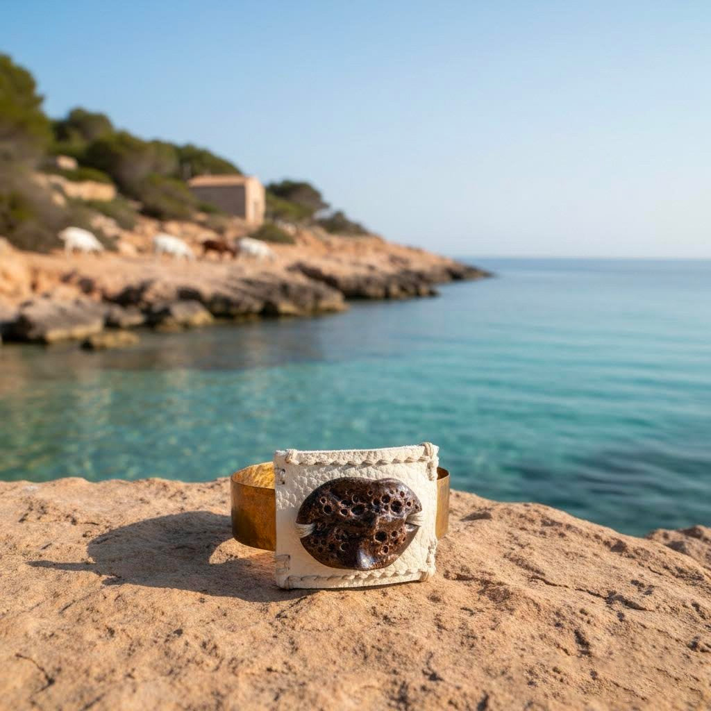 bracciale piccolo in pelle , ceramica e ottone algas-phaniac