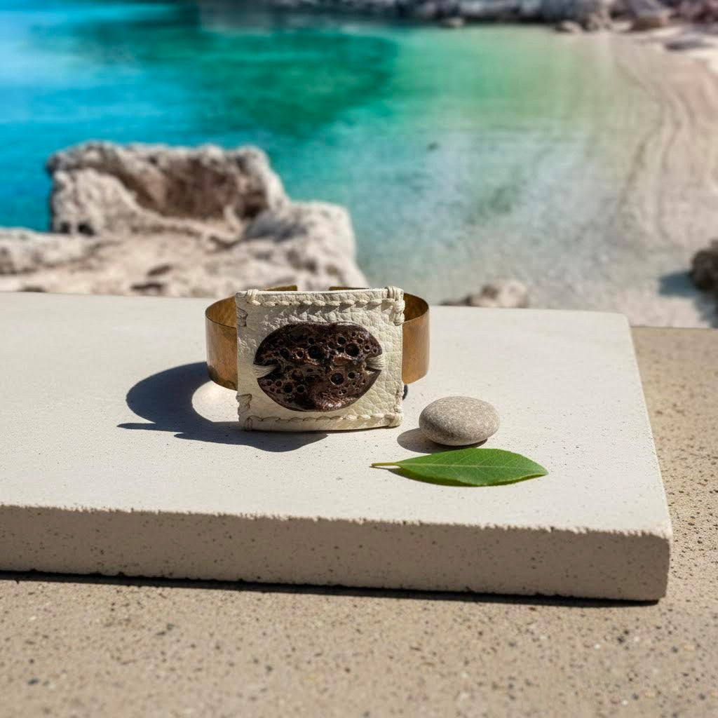 bracciale piccolo in pelle , ceramica e ottone algas-phaniac