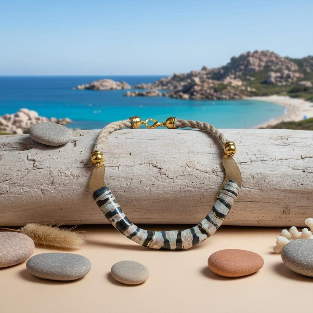 collier artigianale n ceramica , ottone  e corda Accoddi- phaniac
