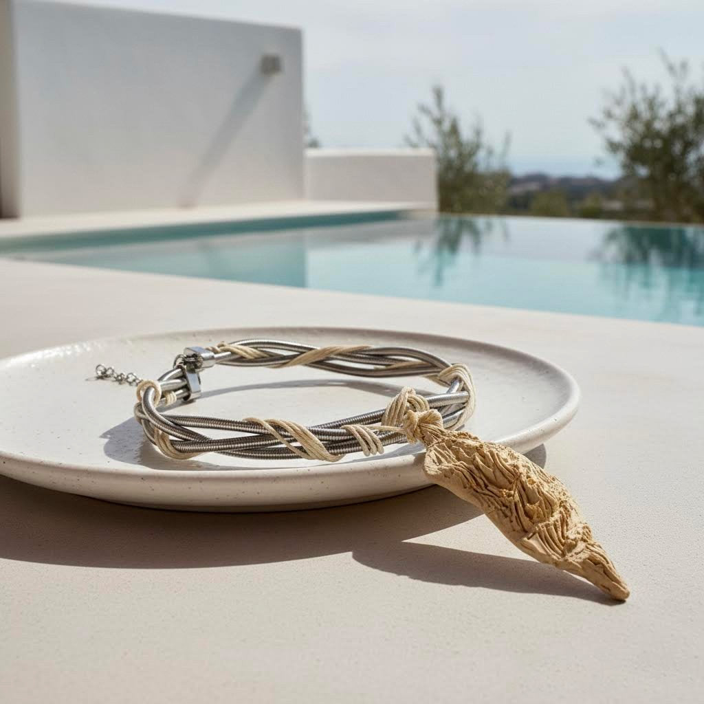 collier neptune unico in gres e corda con ciondolo scultura in gres