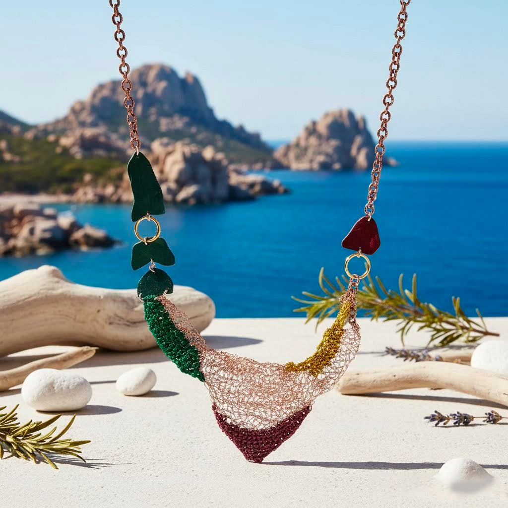 Collana artigianale Filus  Scirocco in crochet di rame e viscosa multicolor-Phaniac
