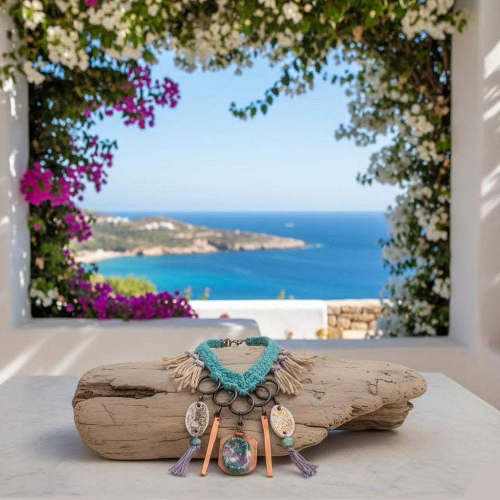 collana boho la.goon in crochet, rame e ceramica -phaniac