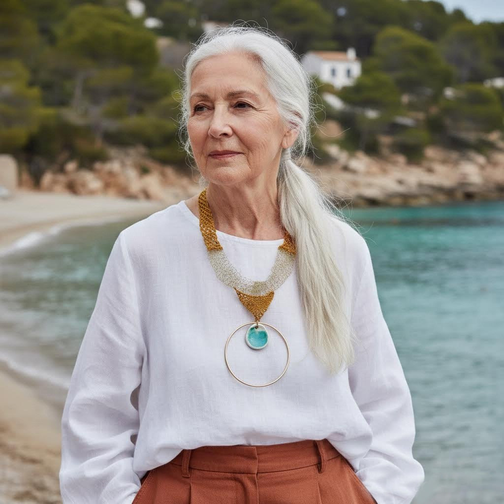 collana artigianale Nora crochet, ceramica e metallo dorato-phaniac