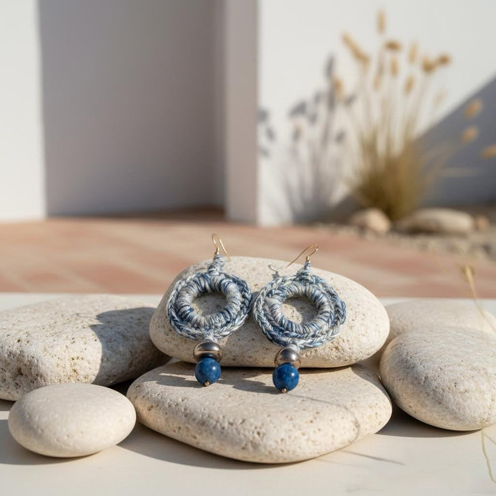 orecchini in crochet, lapislazzuli e ceramica beige e blu -cro.co.cer collection