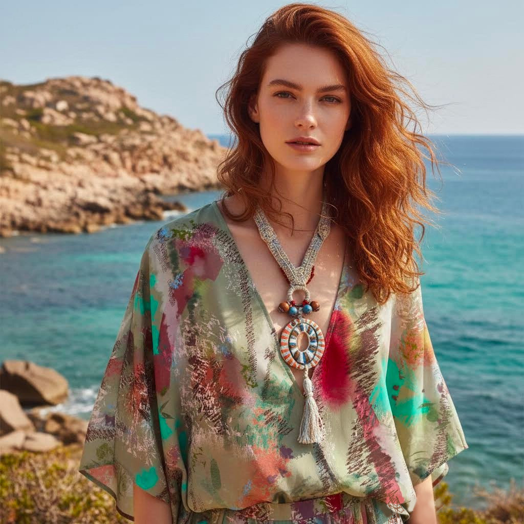collana boho artigianale in crochet e ceramica -phaniac