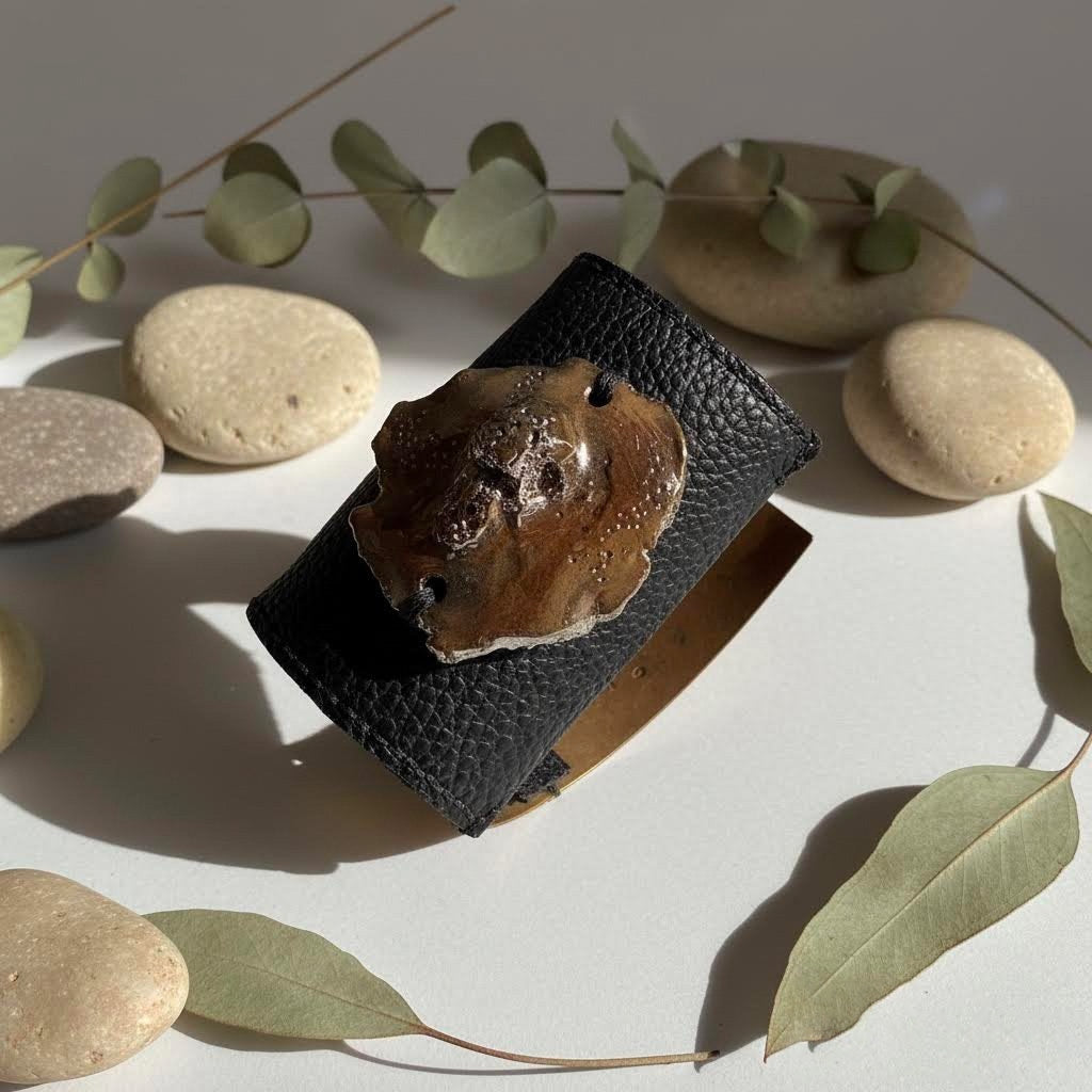 bracciale in pelle nera, ottone e ceramica algas-phaniac