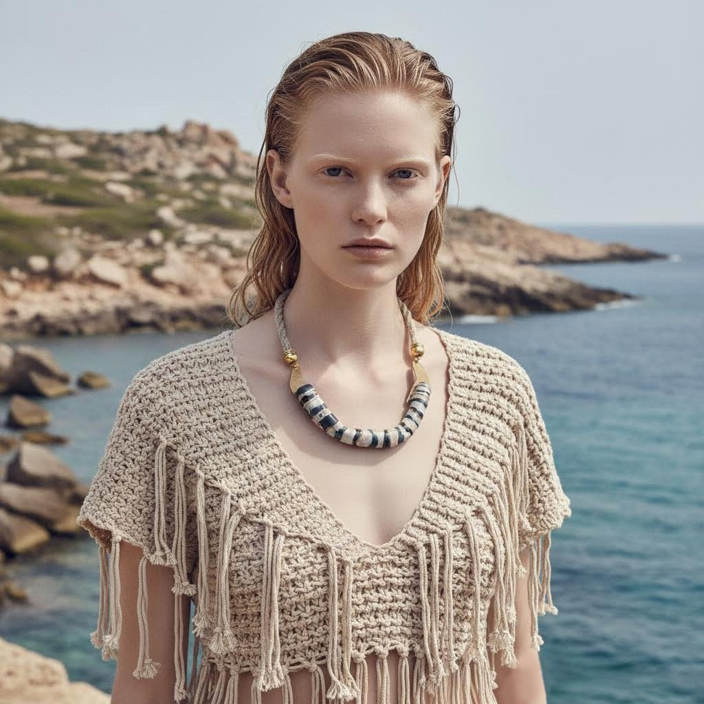 collier artigianale n ceramica , ottone  e corda Accoddi- phaniac