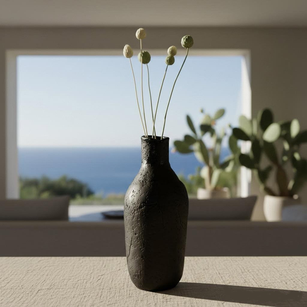 Vaso bottiglia partigianale erda niedda in gres nero -phaniac