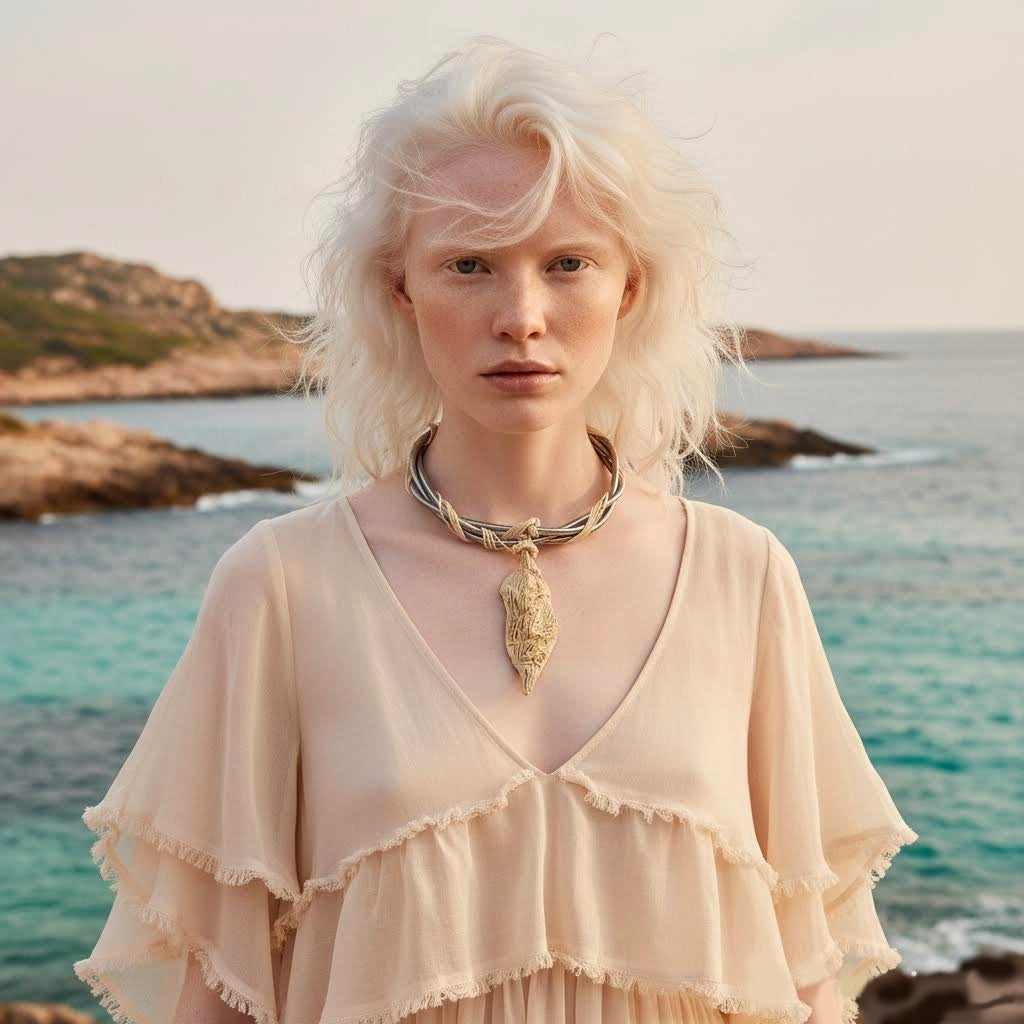 collier neptune unico in gres e corda con ciondolo scultura in gres