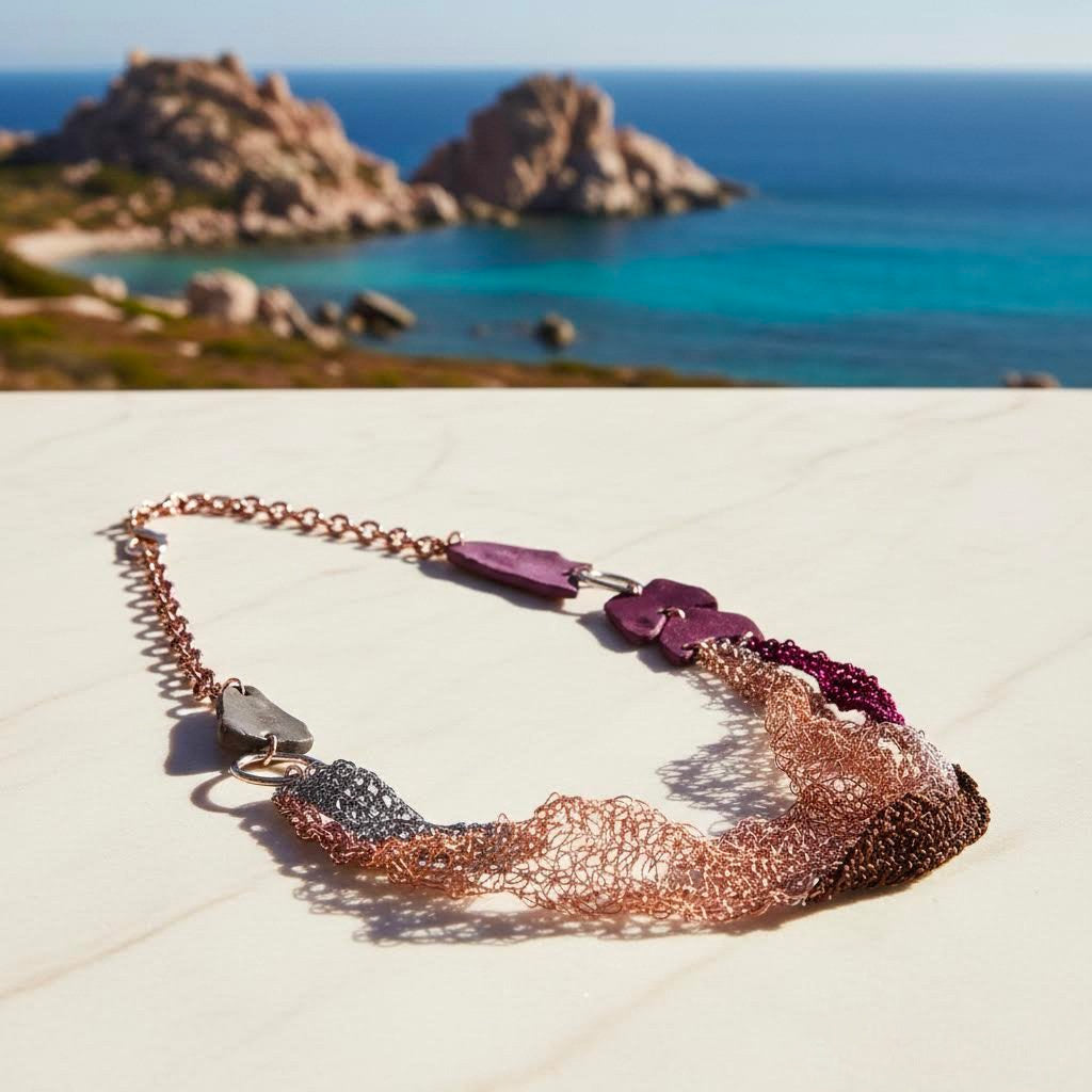 collana artigianale crochet rame e viscosa Filus Libeccio-phaniac