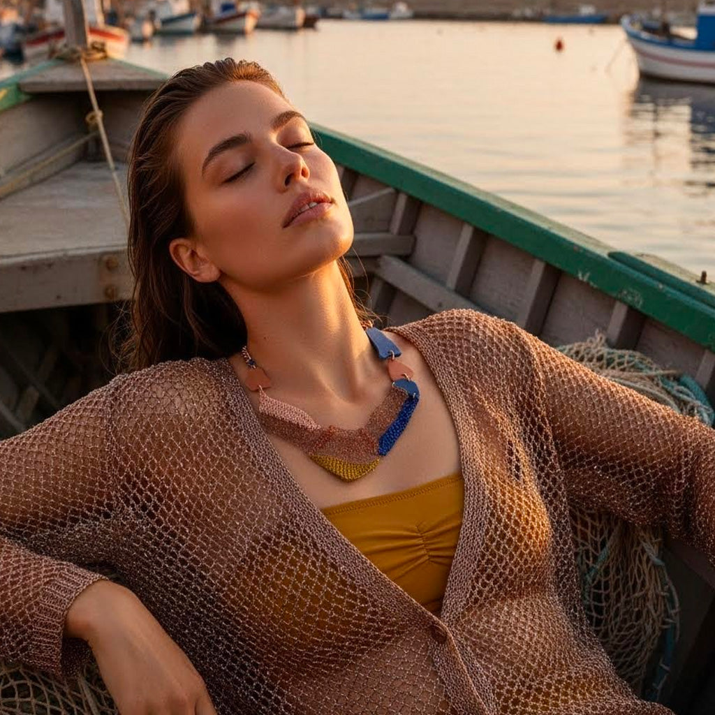 collana filus Grecale artigianale in crochet rame e viscosa- phaniac