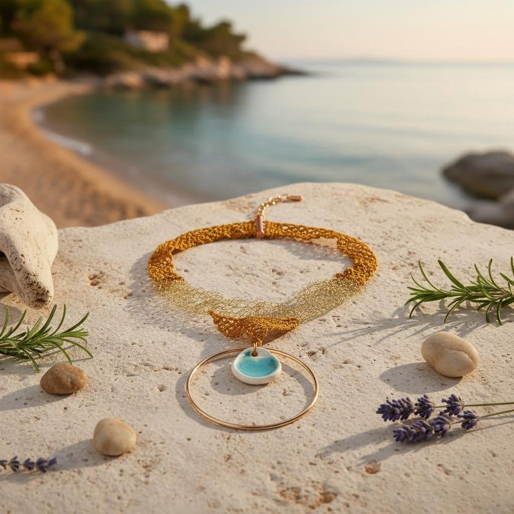 collana artigianale Nora crochet, ceramica e metallo dorato-phaniac