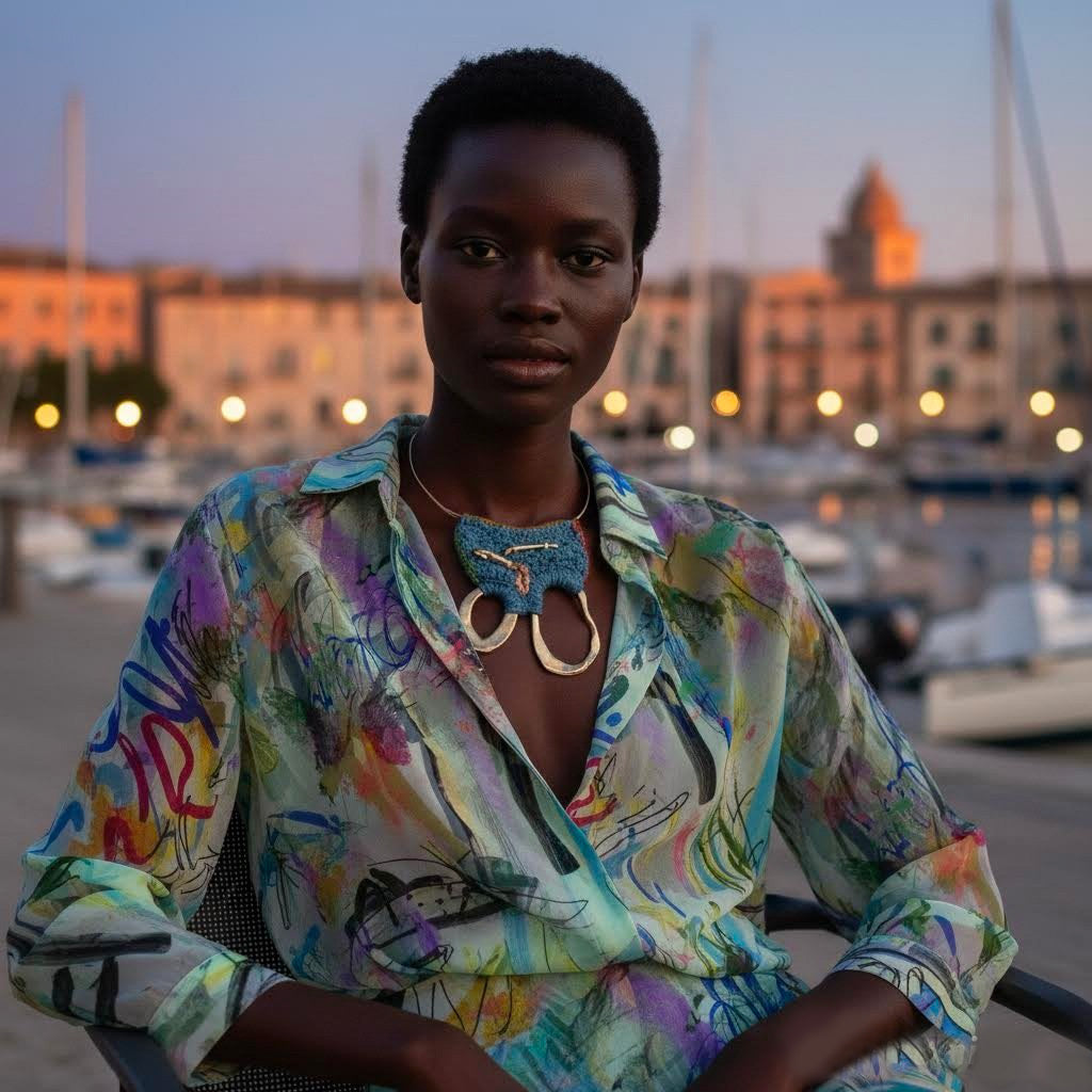 Oria necklace- collier artigianale crochet di cotone, ceramica e ottone -phaniac