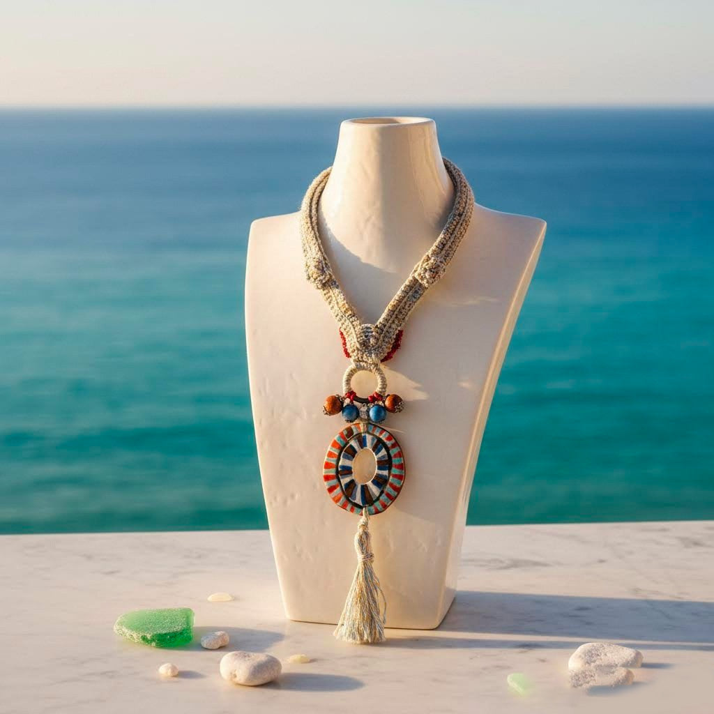 collana boho artigianale in crochet e ceramica -phaniac