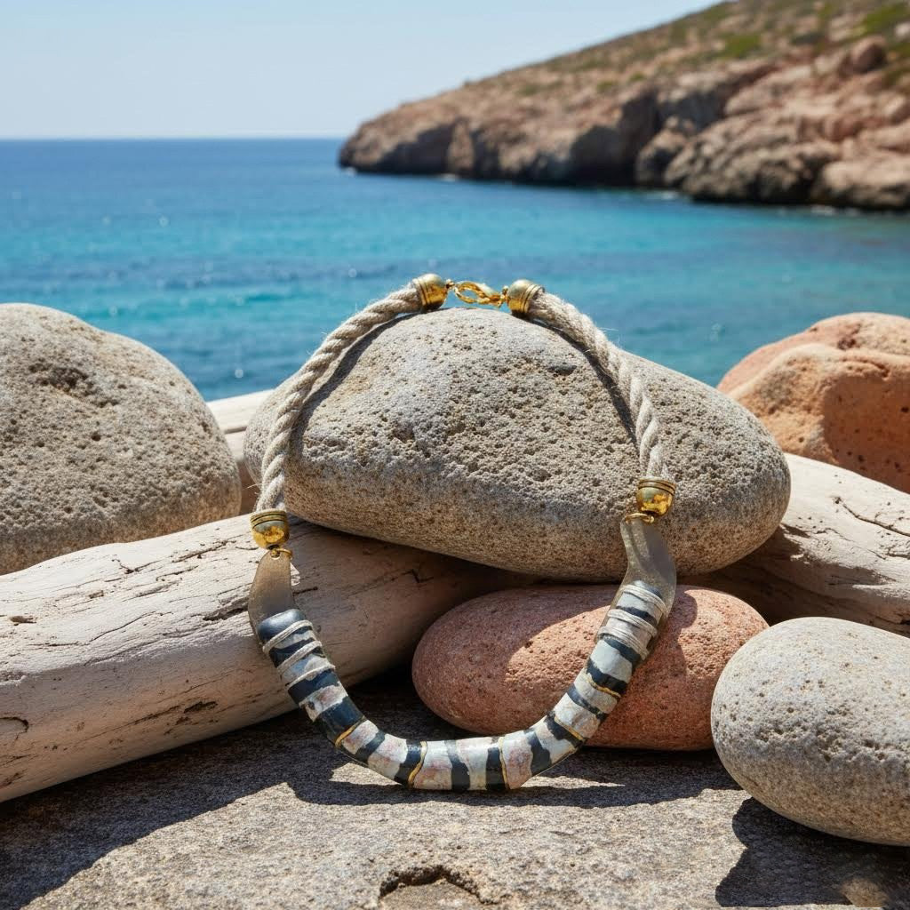 collier artigianale n ceramica , ottone  e corda Accoddi- phaniac