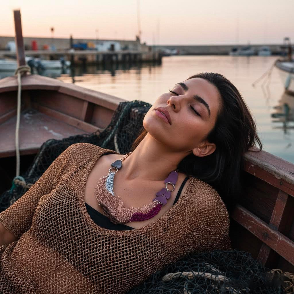 collana artigianale crochet rame e viscosa Filus Libeccio-phaniac