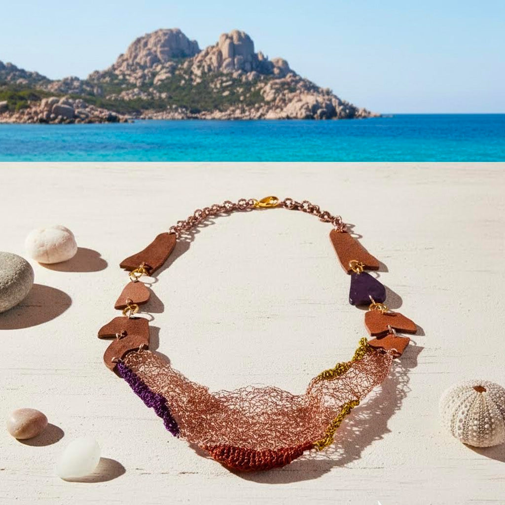 Collana artigianale in crochet Filus Ponente in rame e viscosa-Phaniac