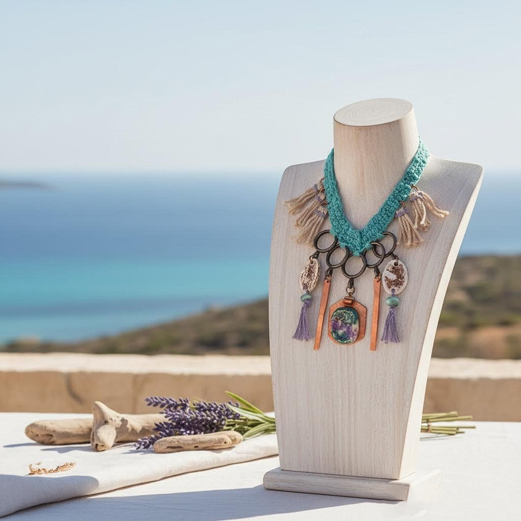 collana boho la.goon in crochet, rame e ceramica -phaniac