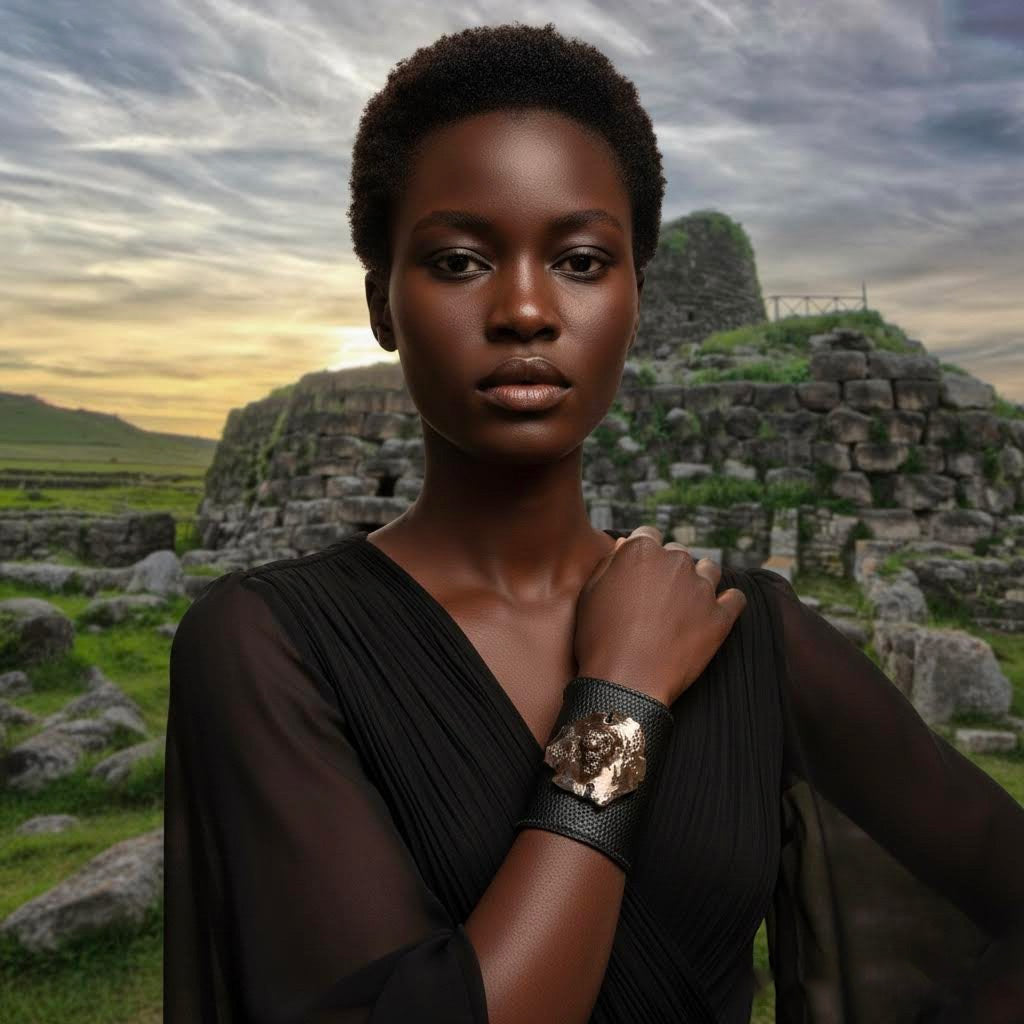 bracciale in pelle nera, ottone e ceramica algas-phaniac