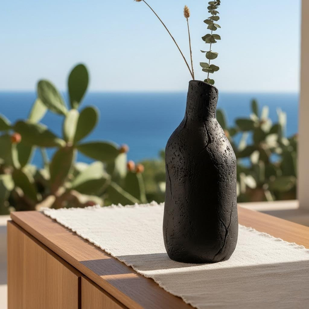 Vaso bottiglia partigianale erda niedda in gres nero -phaniac