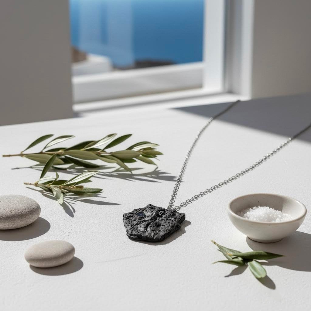 collana artigianale perda niedda con ciondolo in gres nero e catena argento 925 -phaniac