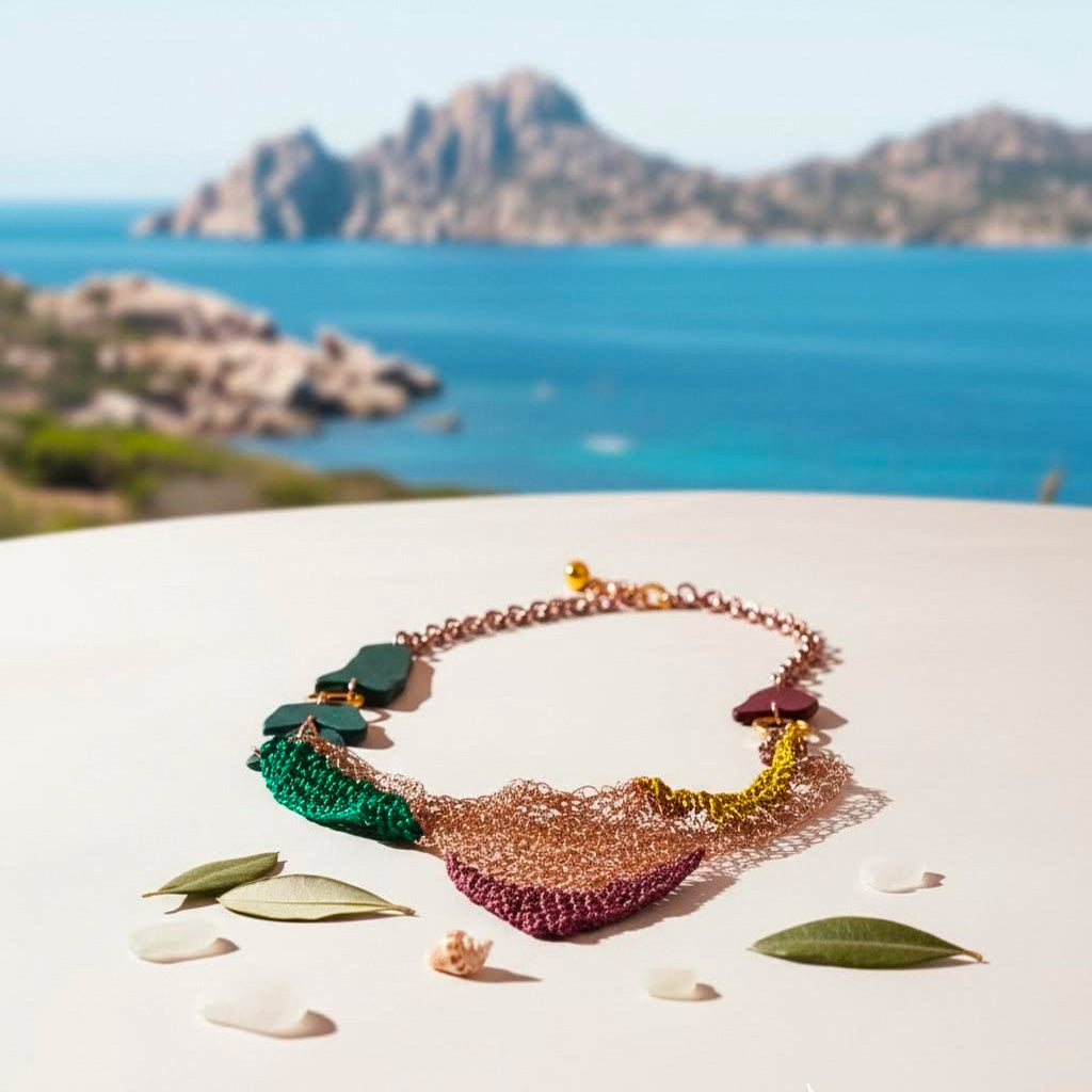 Collana artigianale Filus  Scirocco in crochet di rame e viscosa multicolor-Phaniac