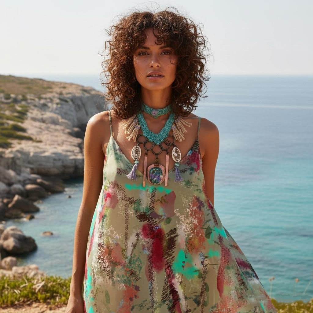 collana boho la.goon in crochet, rame e ceramica -phaniac