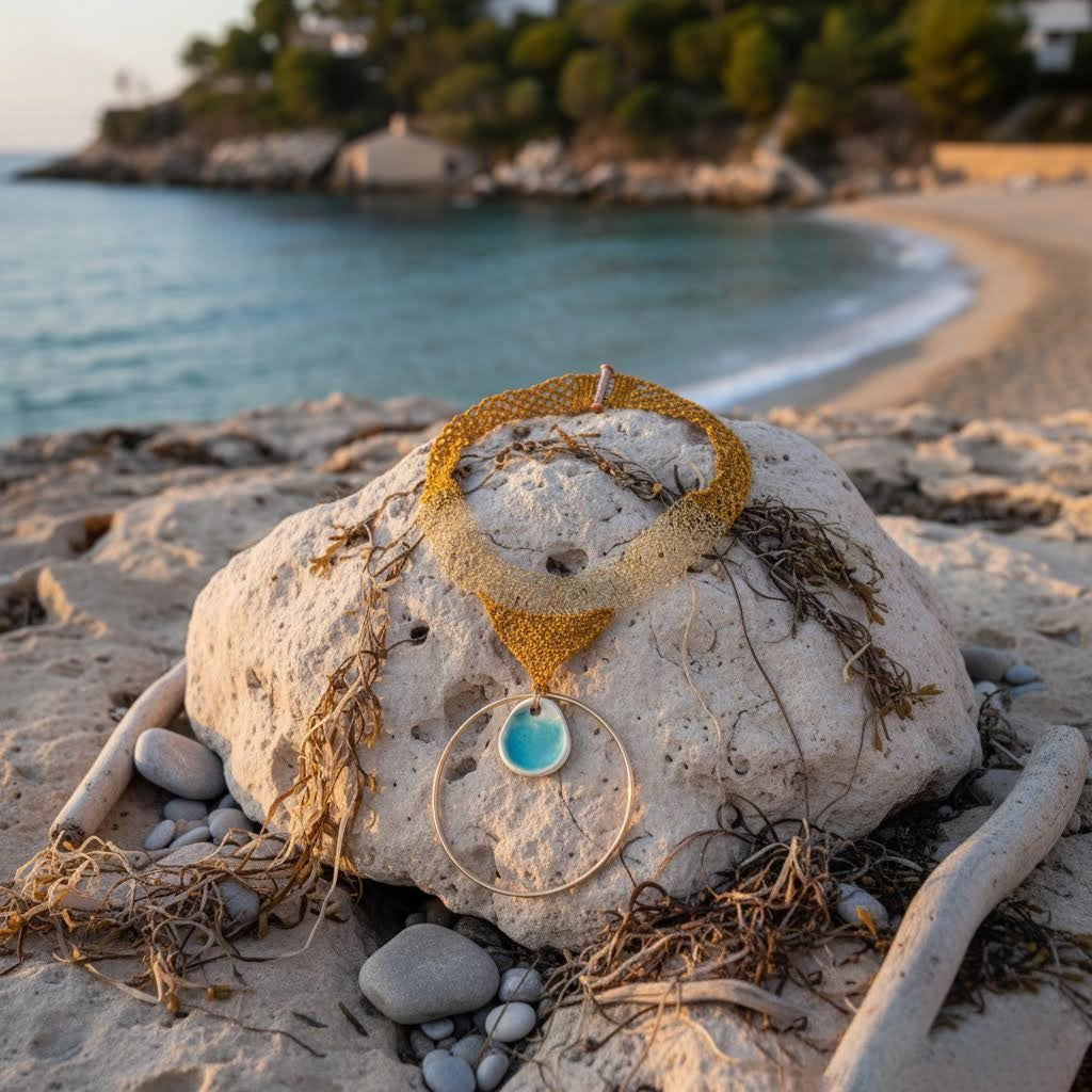 collana artigianale Nora crochet, ceramica e metallo dorato-phaniac