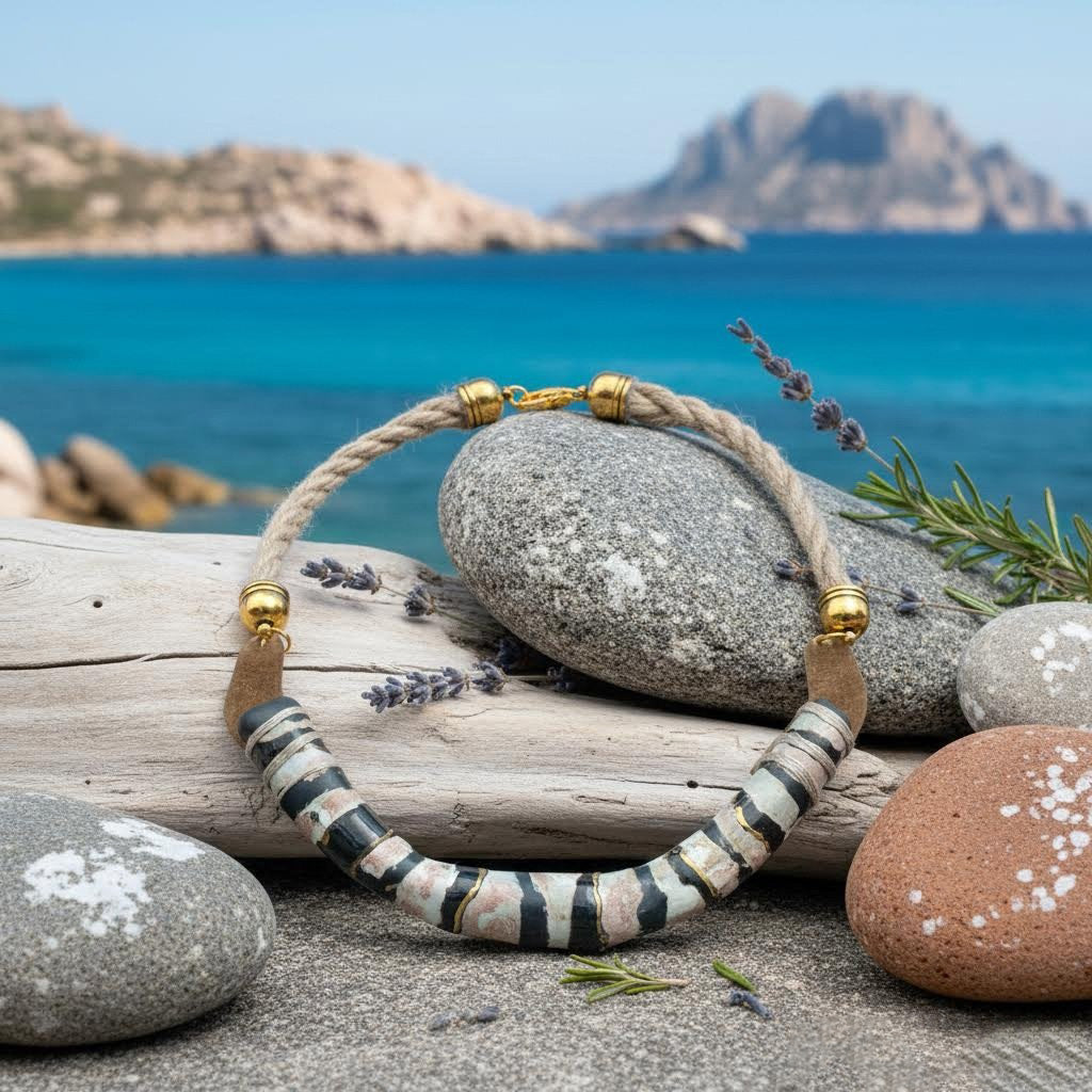 collier artigianale n ceramica , ottone  e corda Accoddi- phaniac